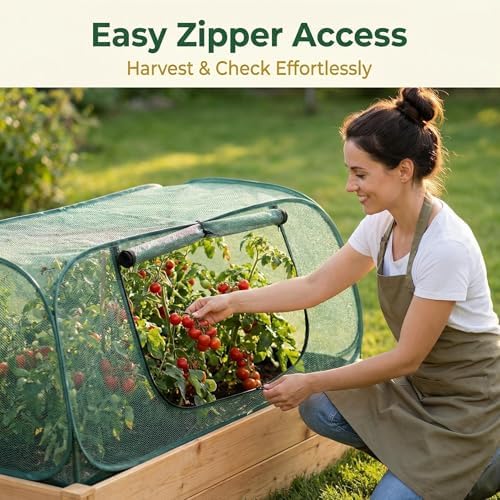 raised garden bed covers(45"x22"x18"), pop up mesh plant, front angle view