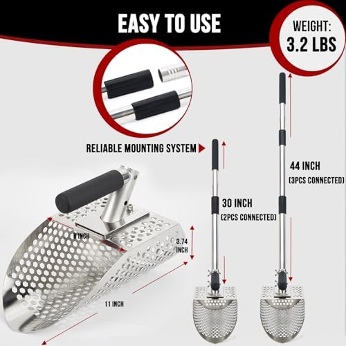 sand scoop for metal detecting, stainless steel metal, side view