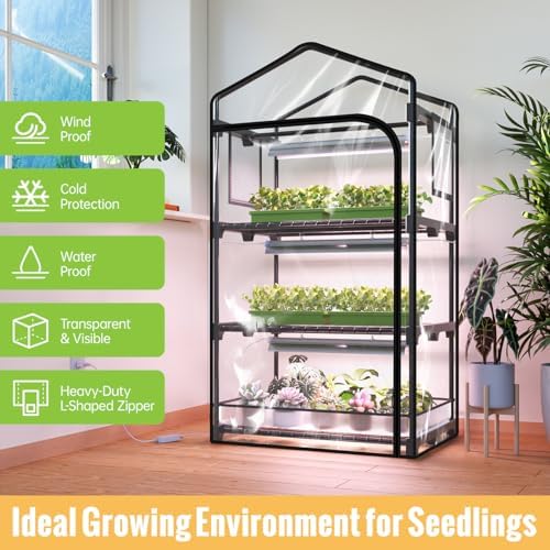 indoor greenhouse with grow light, 3-tier plant shelf, close-up detail