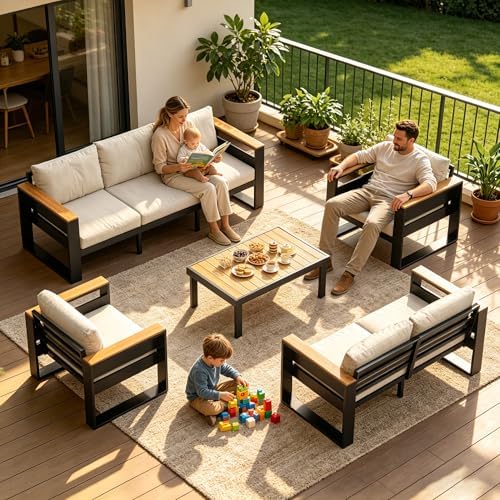aluminum outdoor patio furniture, 5 piece 7-seat conversation, view 9
