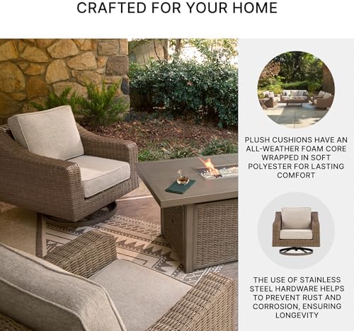 Signature Design by Ashley Outdoor Swivel Lounge Chair with Cushion, Beige | All-weather resin wicker, Powder-coated aluminum frame, Nuvella fabric, Boxed edge cushion, Carmel Bay