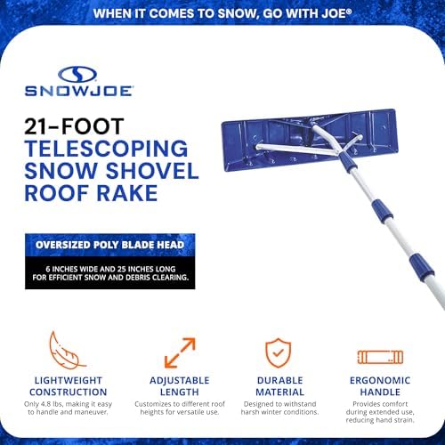 snow joe telescoping roof rake, extendable leaf & shown in use