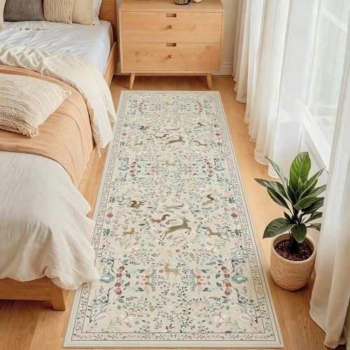 Runner Rug Washable Runners Kitchen Rugs Non Slip Neutral Floral Carpet | 2'6''x8', Beige, Animal, Hallways, Entryway, Living Room, Bedroom, Laundry, Stain Resistant, Indoor
