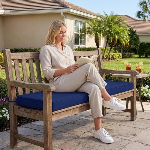 summsun outdoor bench cushion pad, 48 x 18 shown in use