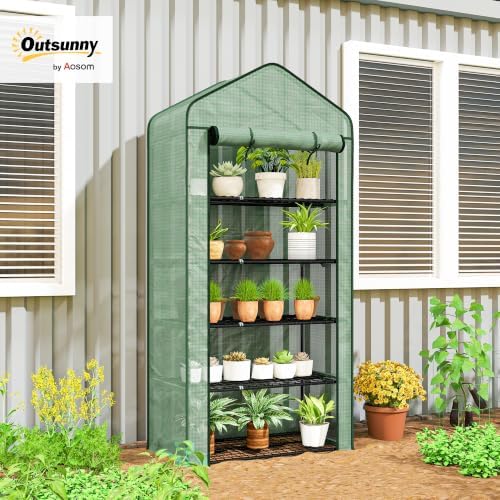 outsunny 5 tier mini greenhouse small portable 76" shown in use