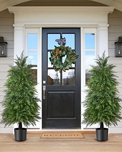 4ft artificial cedar topiary trees, outdoor artificial plants, close-up detail
