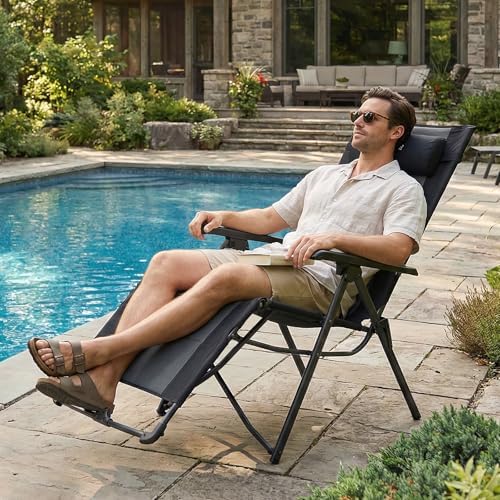 Portal Portable Zero Gravity Chair, Lounge Chair Outdoor Oversized Zero Gravity Chair Folding Lounge Chair with Adjustable Pillows and Cup Holder for Poolside and Lawn, Support 350lbs, Black, 1Pack