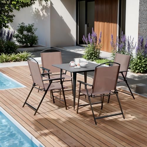 Outdoor Folding Patio Dining Sling Chairs with Mesh Fabric for Garden Lawn Comping-Set of 4 Brown