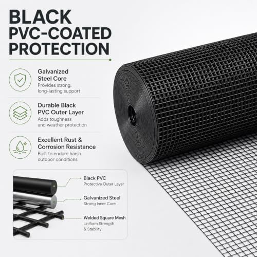 GoldPeak Black Hardware Cloth 1/2 Inch Mesh 48 Inch x 100 Foot 19 Gauge | Vinyl Coated Welded Wire Mesh Roll Chicken Wire Fencing Garden Fence Tree Guard Hardware Mesh Wire Fence Roll