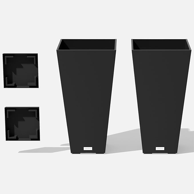 Veradek V-Resin Indoor/Outdoor Taper Planter (Black, 26 inch - 2 Pack with 2 Saucer Trays)