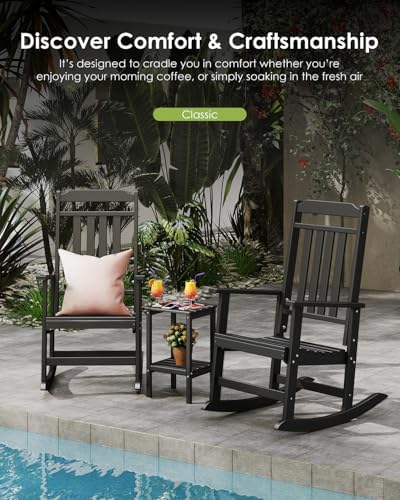 GREENVINES Classic Outdoor-Rocking-Chairs-Set-of-2, HDPE Rocker, Black | 30.3" High Back | All Weather Porch Chairs Plastic | Heavy Duty | 20.5" Wide Seat | Big & Tall | for Patio Balcony Deck