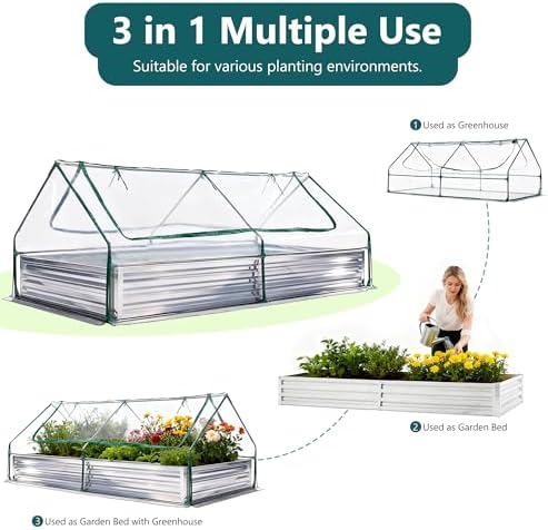 dumos galvanized raised garden bed with cover, clear showing dimensions