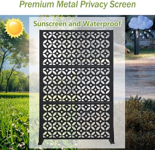 6ft black freestanding metal outdoor privacy screen, cross showing dimensions