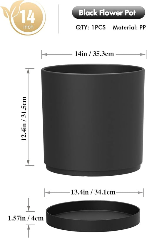 14 Inch Heavy-Duty Cylinder Deep Planter for Indoor Outdoor Plants, Tall Large Plastic Plant Pot with Drainage Holes and Saucer, Decorative Flower Pot for Patio Garden, Black