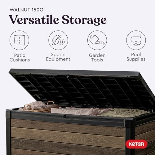 keter signature collection 150 gallon resin deck box, front angle view