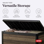 keter signature collection 150 gallon resin deck box, front angle view