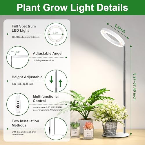 Hywyimlait 6.3" Indoor Plant Growth Lights, Full Spectrum Plant Growing Lights, 8.2"-37.4" Height Adjustable Desk Grow Lamp with Base and Ground Stake, Auto Timer 4/8/12/18H, 3 Light Modes, 10 Dimming