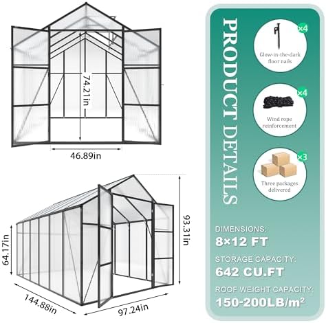 greenhouse for outdoors 8x12x7.8ft, polycarbonate greenhouse with stronger on a desk or shelf