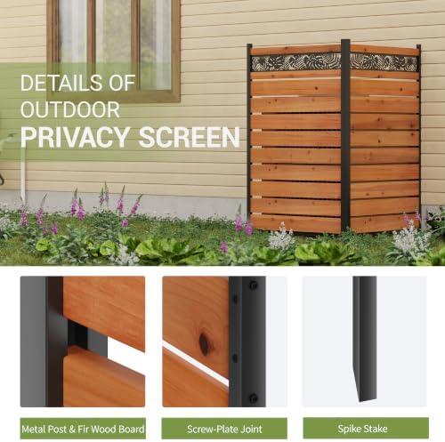 wood privacy screen, no dig outdoor fence,reddish brown showing dimensions