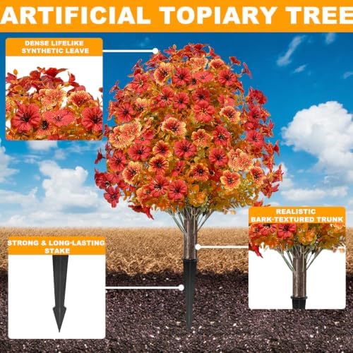 fall artificial mums topiary ball tree with ground, side view