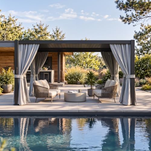 aoxun louvered pergola 12x16 all-aluminum, waterproof curtains and shown in use