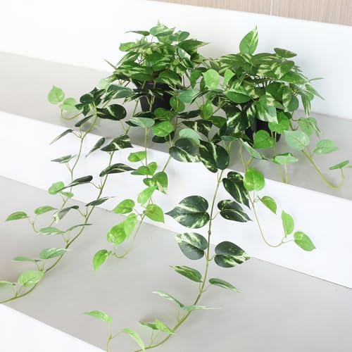 fake pothos hanging plants - 33" set of, front angle view