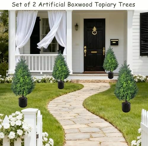 artificial potted plants boxwood topiary trees outdoor indoor shown in use