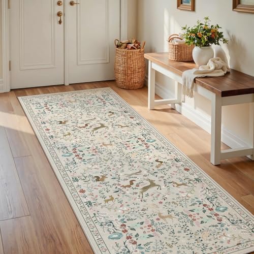 Runner Rug Washable Runners Kitchen Rugs Non Slip Neutral Floral Carpet | 2'6''x8', Beige, Animal, Hallways, Entryway, Living Room, Bedroom, Laundry, Stain Resistant, Indoor