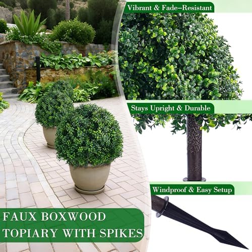 28 inch artificial boxwood trees, 2 sets faux, side view