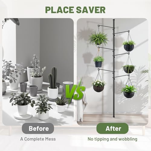 tension rod plant stand, plant poles for hanging showing dimensions