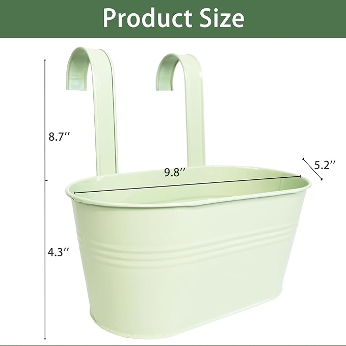Balcony Hanging Planters Flower Pots, 10" Metal Flower Pots for Outdoor Balcony Rails, Fence Pot Hanging Plant Holders with Detachable Hooks for Garden Patio Yard Decor (Mint Green, 8Pcs)