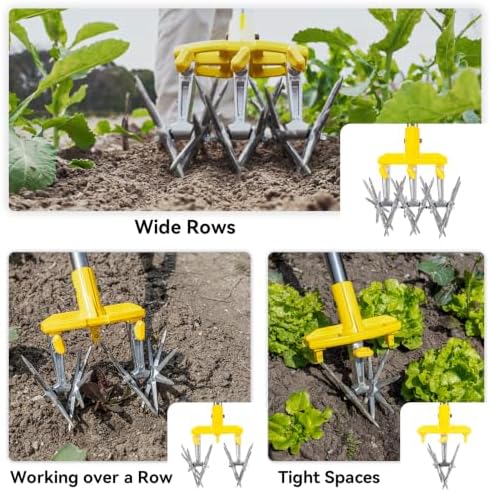 rotary cultivator garden tool with extra-large tines, 74-inch showing dimensions