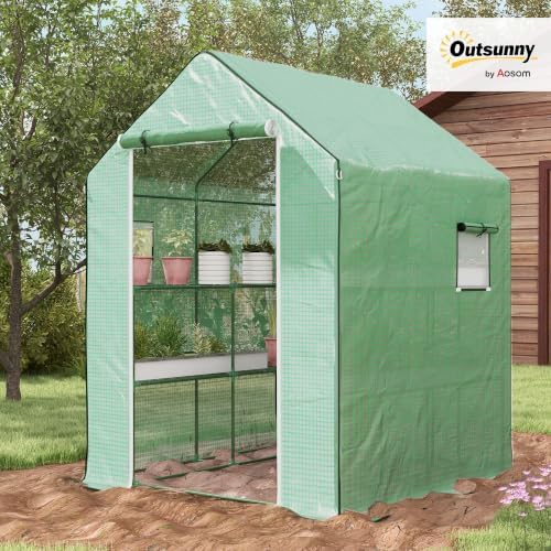 outsunny 4.6' x 4.7' portable greenhouse walk-in water/uv shown in use