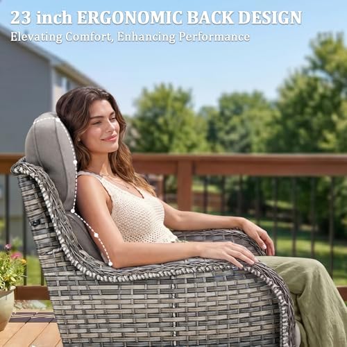 Luxury Swivel Rocker Chairs Fire Pit Set with 6" Thick Cushion 7 piece Wicker Outdoor Patio Chair with Sofa and Ottoman,Comfortable High Back Outdoor Patio Furniture Set - Gray | Gray