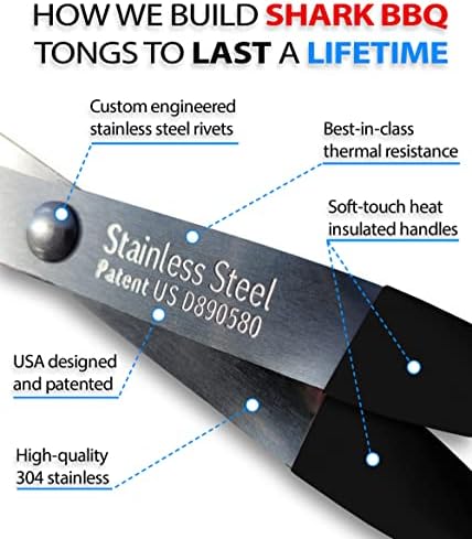 Grill Tongs - 17 inch Black. Professional steak grilling utensil. Long reach Barbeque Grilling Tongs. Ideal for steak, fish, burger, and sausage