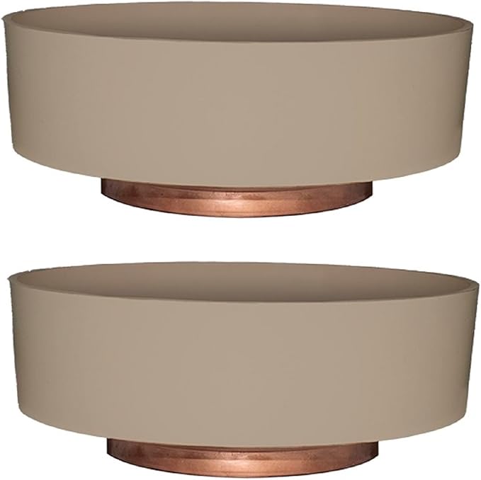 The HC Companies 8 Inch Round Plastic Succulent Capri Bowl Decorative Indoor Flower Succulent Planter Pot with Drain Plug Hole, Artisan Taupe with Copper Bottom Color (2 Pack)