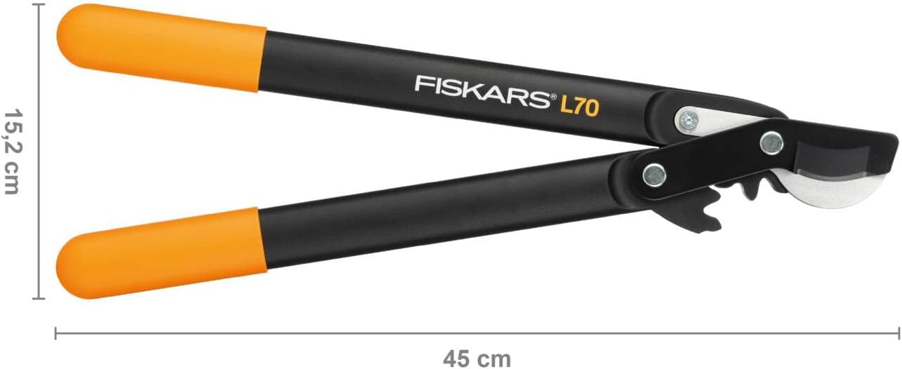 Fiskars PowerGear Loppers Bypass, Hook Head (S) L70, Patented PowerGear Mechanism, Cutting diameter: 2.8 cm, Hardened steel blades with non-stick coating, Length: 45 cm, Black/Orange, 1002104