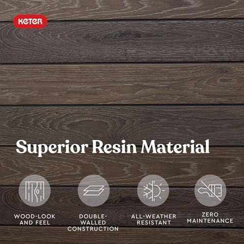 keter signature collection 150 gallon resin deck box showing dimensions