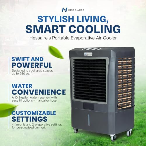 hessaire mc37m indoor or outdoor portable oscillating evaporative, side view