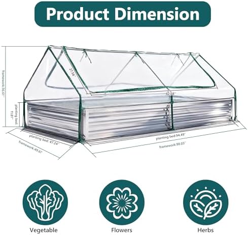 dumos galvanized raised garden bed with cover, clear, side view