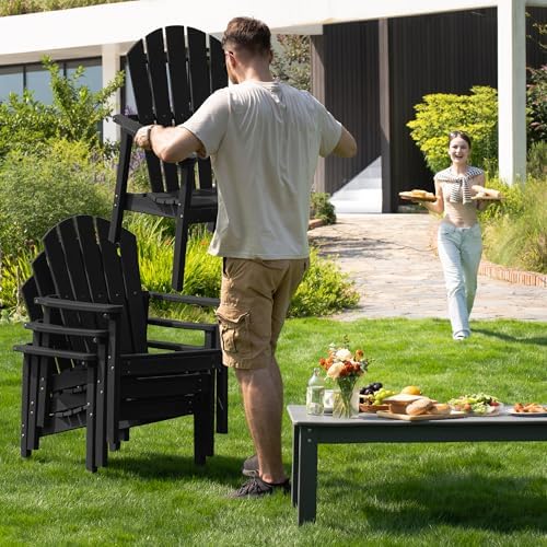 Compact Stackable Adirondack Chairs Set of 4,HDPE,Black | 26.3" Wide HDPE,380lb,All-Weather Outdoor.Maintenance-Free.Stackable for Storage.25°Curved Straight Backrest.Quick Assembly