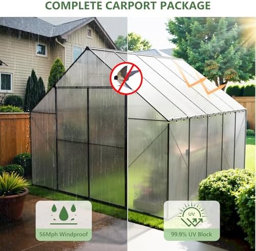 10x10 ft greenhouse for outdoors, heavy-duty polycarbonate greenhouse showing dimensions