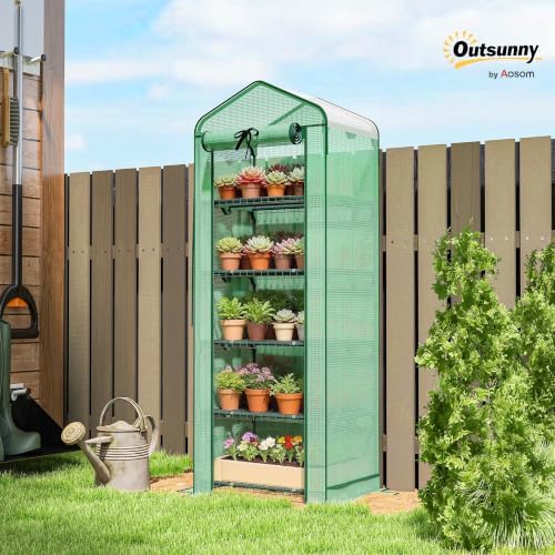 outsunny 5 tier mini greenhouse w/ screen roof shown in use