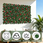 expandable fence privacy screen with artificial flower, greenery shown in use