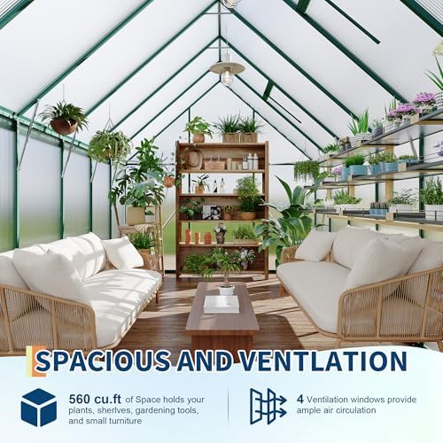 8'x12' aluminum-framed polycarbonate greenhouse, heavy duty green house, close-up detail