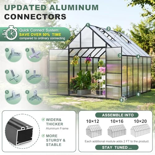 cdcasa 12x10x10 ft polycarbonate greenhouse for outdoors w/2 showing dimensions