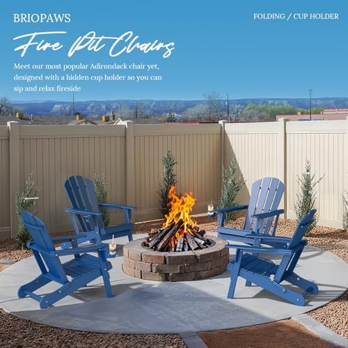 BRIOPAWS Folding-Adirondack-Chairs Set of 2 | HDPE Plastic | Fire Pit Chair | Cup Holder | Curved Back | All Weather| for Outdoor Backyard Deck Patio | Blue