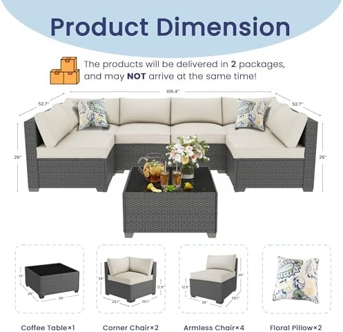7 piece outdoor patio sectional furniture set, modular on a desk or shelf