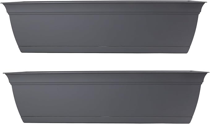 The HC Companies 24 Inch Eclipse Window Planter Box with Drainage Holes & Attached Saucer, Lightweight UV-Resistant Plastic Indoor Outdoor Planters, 2-Pack Flower Box for Garden Home Decor, Warm Gray