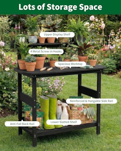 hips outdoor potting table bench with 3-tier storage showing dimensions